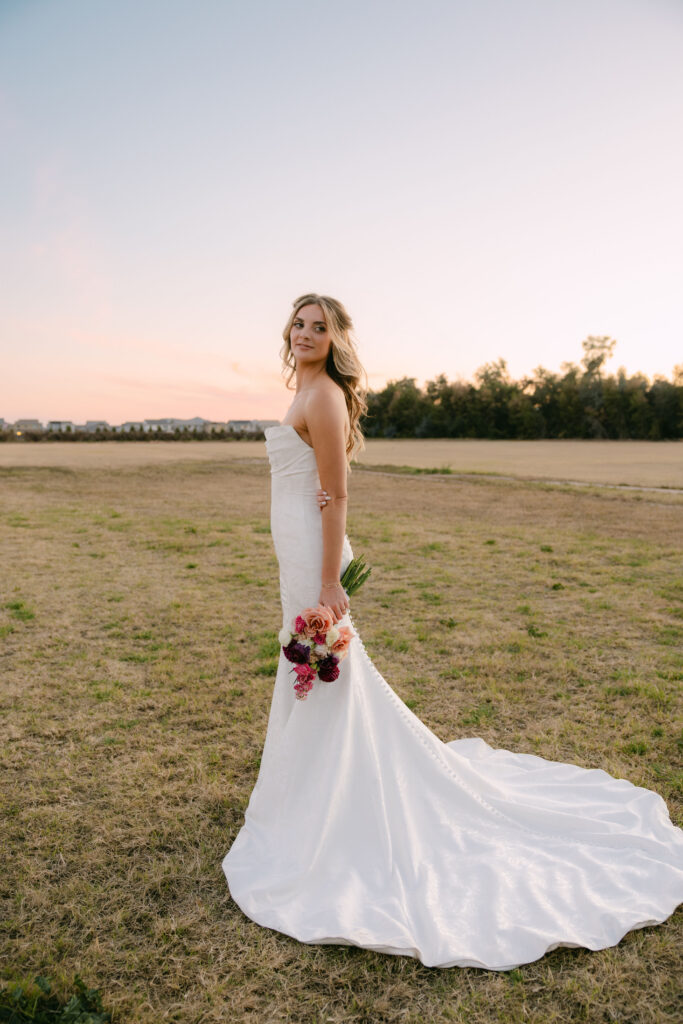 Romantic bridal Portrait sunset wedding portraits at Schnepf Farms Big Red Barn in Arizona